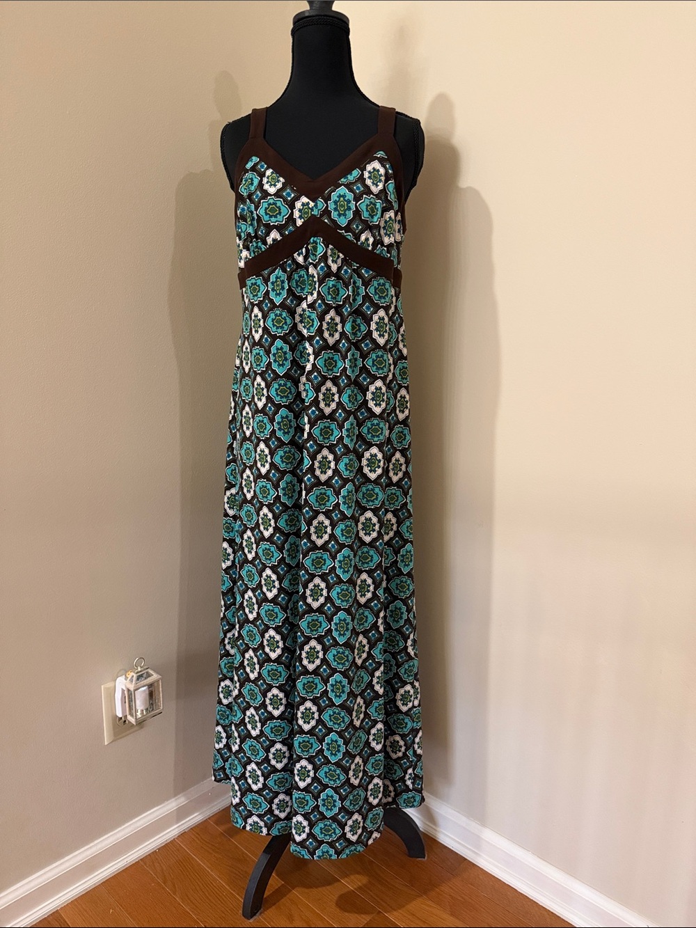 JohnPaulRichard Teal and Brown Sleeveless Maxi Dress with Geometric Floral Print